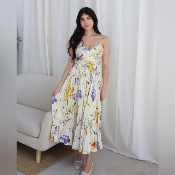 knee length dresses for ladies Maeve Pleated Midi Dress: Floral Midi Dress, Sundress, Plisse Dress, Blue  Midi, Green Midi, Summer Dress main image 0